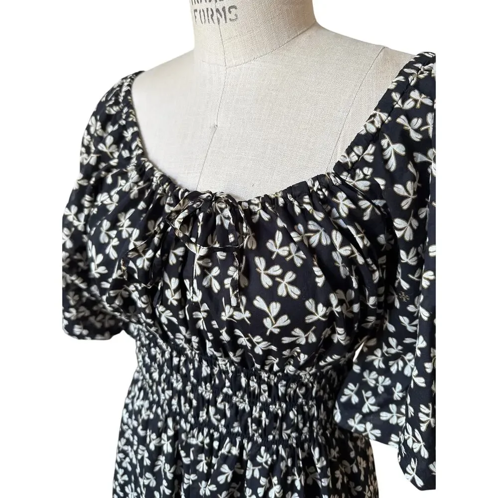 Tory Burch Smocked Midi Dress in Black Little Leaves Size Large